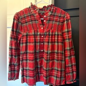 J. Crew Red and Black Plaid Smocked Blouse